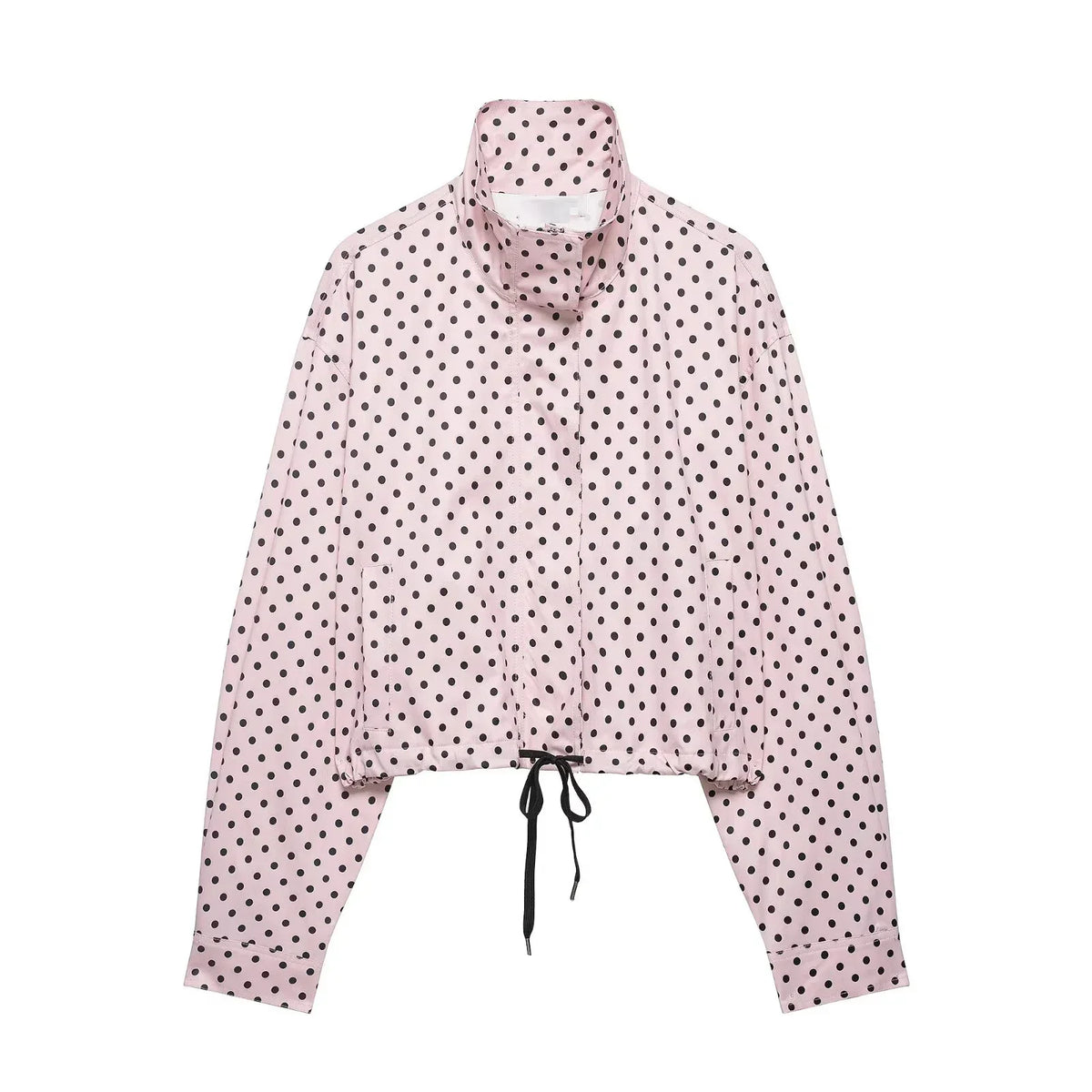HH Fashion Women's Polka Dot Print Short Coats Autumn Long Sleeves Turtleneck Zipper With Pockets Drawstring Casual Jacket