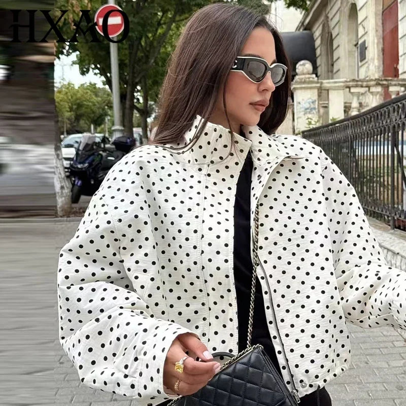 HXAO Polka Dot Bomber Jacket Women's Jackets Demi-Season Oversized Long Sleeve Top Outerwear Aviator Plus Size Zip Up Crop Coats