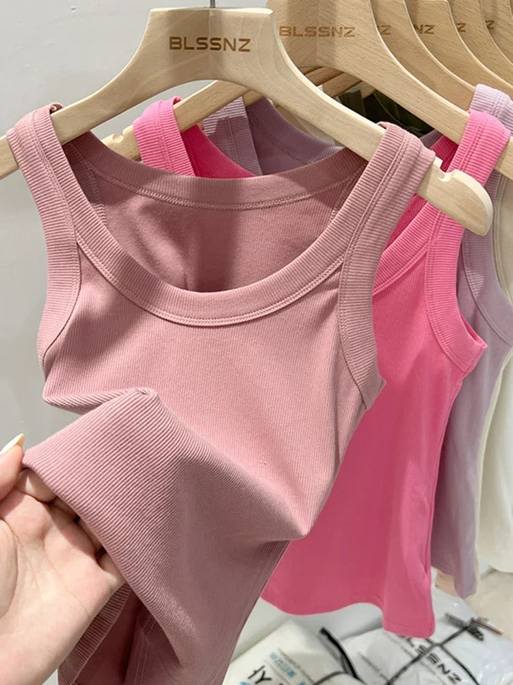 zjaiss Women Solid Round Neck Ribbed Tank Top Camisole Women 2026 Summer Basic Elastic Tank Top O Neck Solid Tank Top